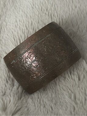 Engraved Wide Copper Cuff Bracelet - Brown Copper Tone